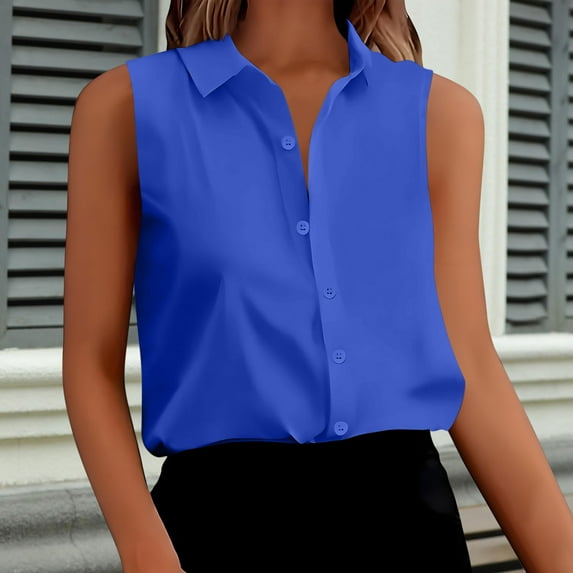 AUNVITO Women's Sleeveless Button-Down Collar Shirt Solid Color Casual and Chic-Style