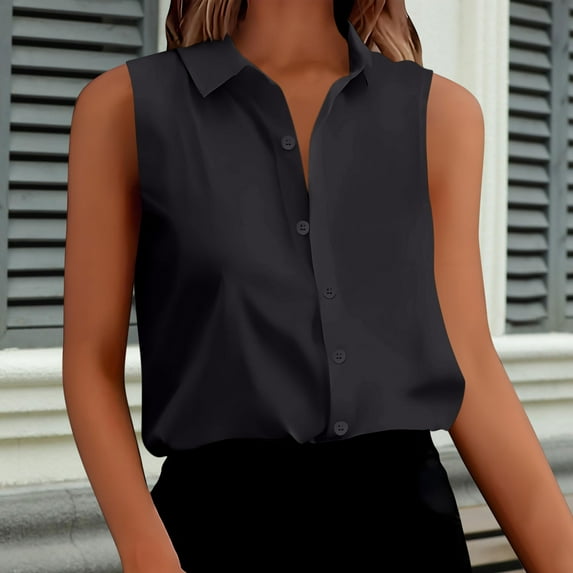AUNVITO Women's Sleeveless Button-Down Collar Shirt Solid Color Casual and Chic-Style