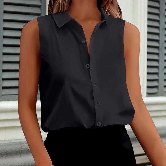 AUNVITO Women's Sleeveless Button-Down Collar Shirt Solid Color Casual and Chic-Style