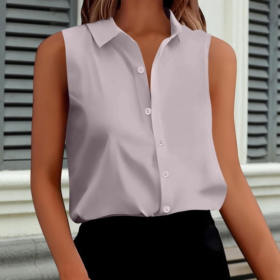 AUNVITO Women's Sleeveless Button-Down Collar Shirt Solid Color Casual and Chic-Style