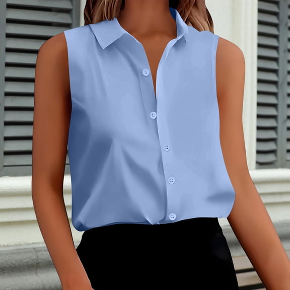 AUNVITO Women's Sleeveless Button-Down Collar Shirt Solid Color Casual and Chic-Style