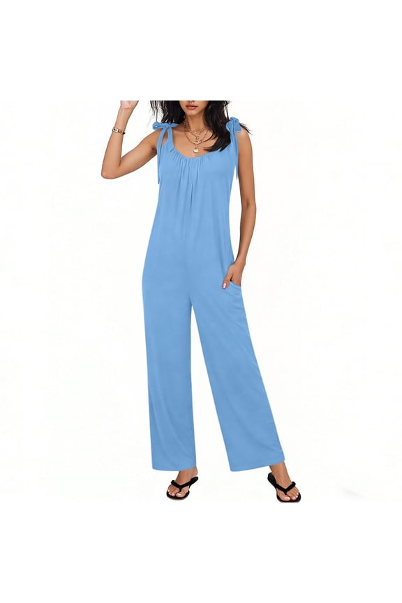 Women's Sleeveless Jumpsuit with Round Neck Tie-Waist Pocket and Pleated Detail Casual Chic