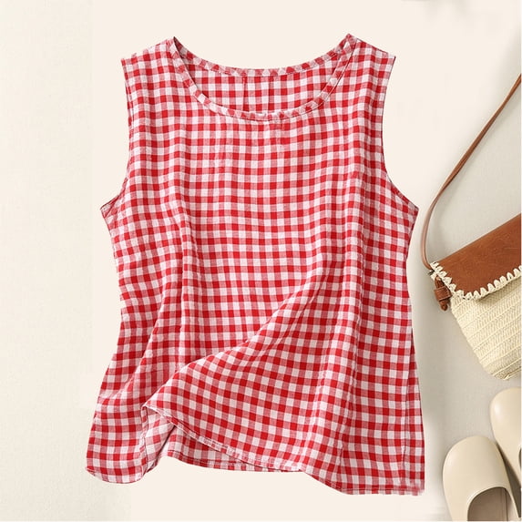 AUNVITO Women's Sleeveless Tank Top Round Neck Checkered Pattern Summer Essential Versatile Style