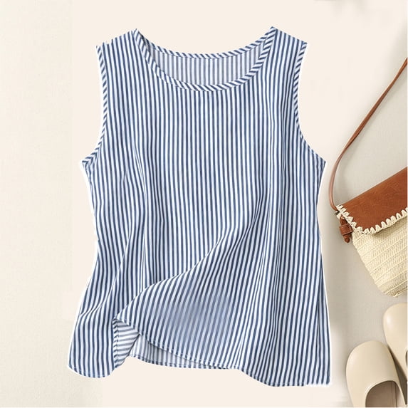 AUNVITO Women's Sleeveless Tank Top Round Neck Stripe Pattern Summer Essential Versatile Style