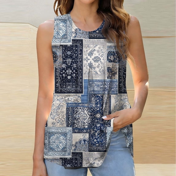 AUNVITO Women's Sleeveless Tank Top With Abstract Print Round Neck Ruffle Detail Casual and Fashionable Style