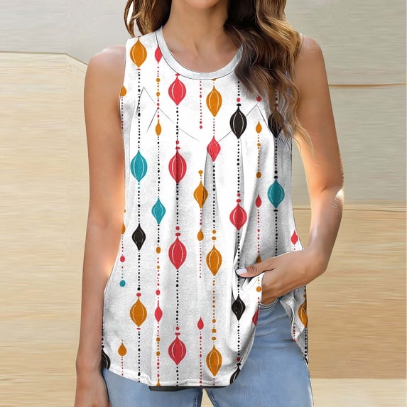 AUNVITO Women's Sleeveless Tank Top With Abstract Print Round Neck Ruffle Detail Casual and Fashionable Style