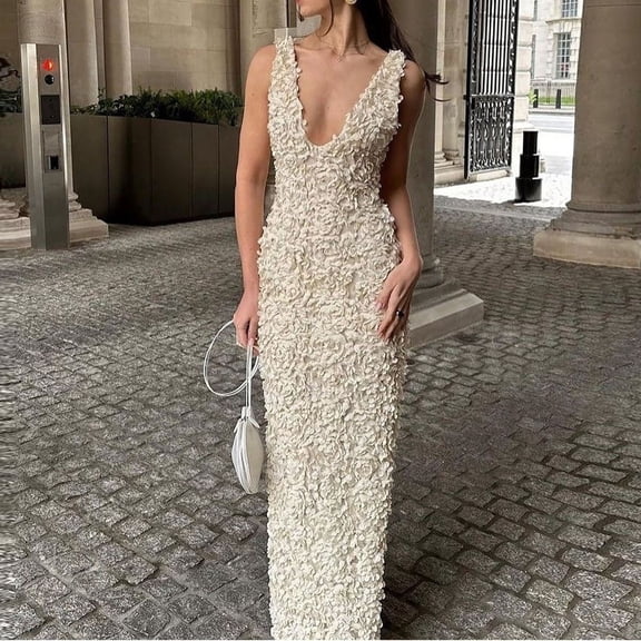 AUNVITO Women's Sleeveless V-Neck Embroidered Camisole Dress Elegant and Chic-Style