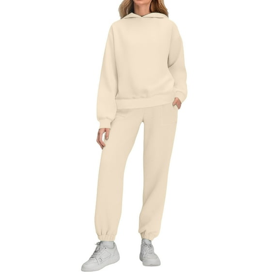 AUNVITO Women's Slim-Fit Hooded Sweatshirt & Casual Pants Set, Solid Color Winter-Spring Outfit with Stretchy -Spandex Fabric