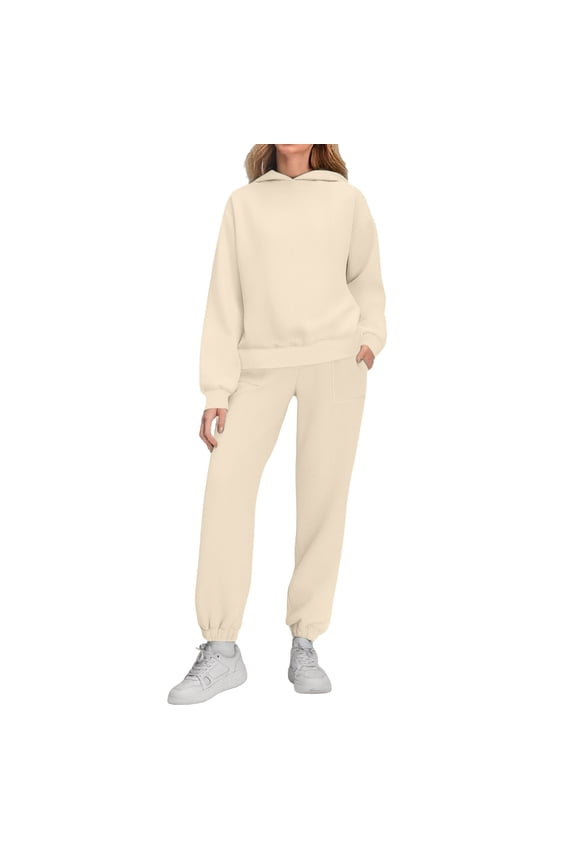 Women's Slim-Fit Hooded Sweatshirt & Casual Pants Set, Solid Color Winter-Spring Outfit with Stretchy -Spandex Fabric