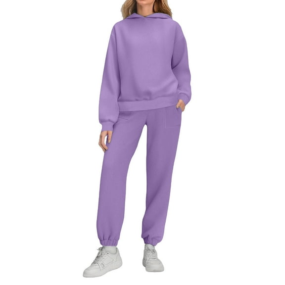 AUNVITO Women's Slim-Fit Hooded Sweatshirt & Casual Pants Set, Solid Color Winter-Spring Outfit with Stretchy -Spandex Fabric