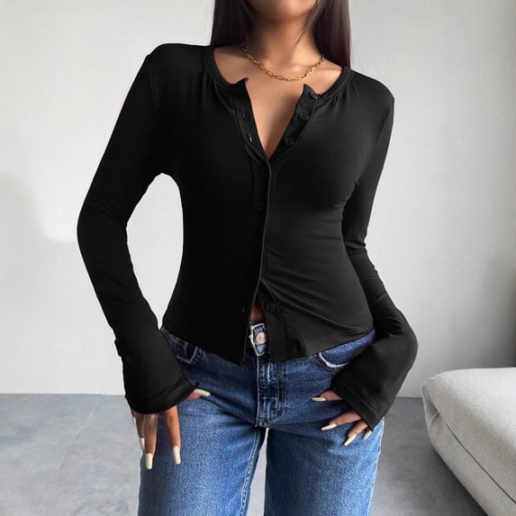 AUNVITO Women's Slim Fit Solid Color Long Sleeve Button Front Cardigan Casual Comfort Stretch Fabric