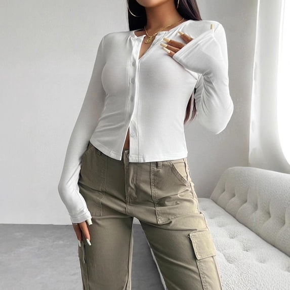 AUNVITO Women's Slim Fit Solid Color Long Sleeve Button Front Cardigan Casual Comfort Stretch Fabric