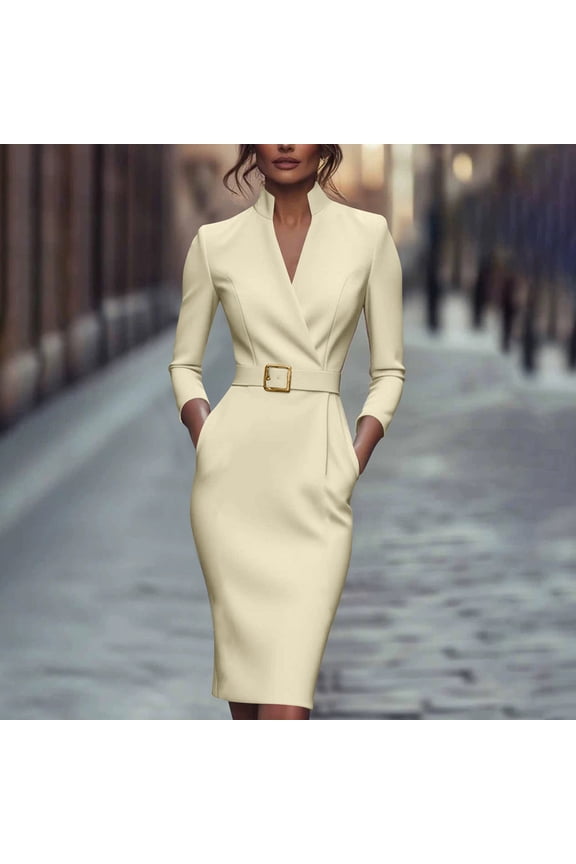 Women's Slim Fit Solid Color V-Neck Dress with Waist Tie Long Sleeve Knee-Length Elegant Professional Style