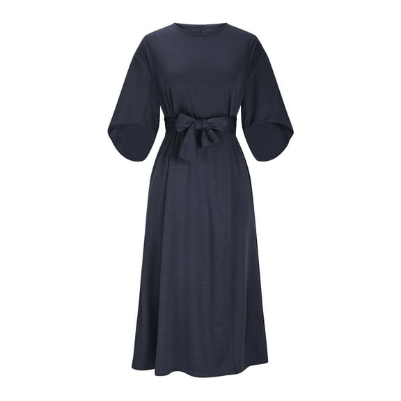 AUNVITO Women's Slim Fit Waist Cinching Casual Dress Batwing Sleeves Solid Color Long Sleeve Round Neck Polyester-Spandex Blend Twill