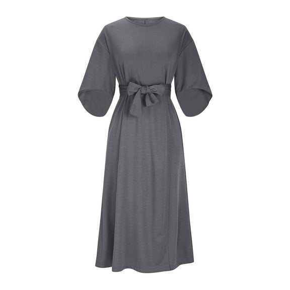 AUNVITO Women's Slim Fit Waist Cinching Casual Dress Batwing Sleeves Solid Color Long Sleeve Round Neck Polyester-Spandex Blend Twill