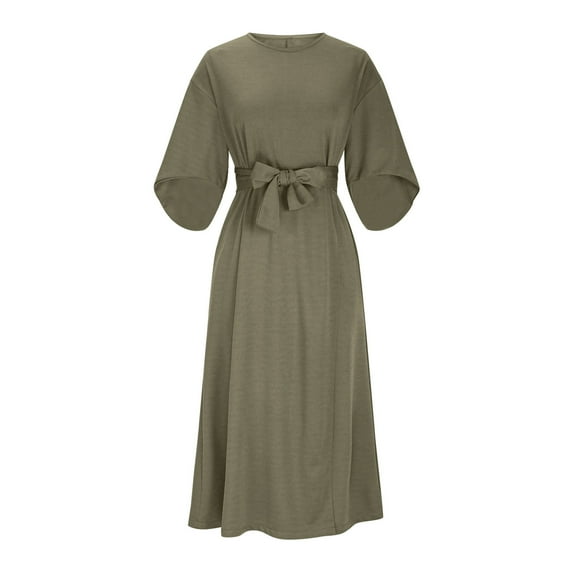 AUNVITO Women's Slim Fit Waist Cinching Casual Dress Batwing Sleeves Solid Color Long Sleeve Round Neck Polyester-Spandex Blend Twill