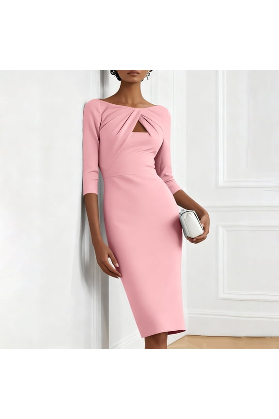 Women's Slim Fit Waist Defining Three Quarter Sleeve Round Neck Knee Length Dress Classic and Elegant
