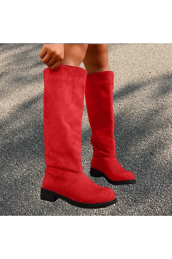 Women's Slouchy Over-The-Knee Boots Low-Heel Faux Suede Winter Casual Boots Easy Pull-On in Red, Blue, Orange
