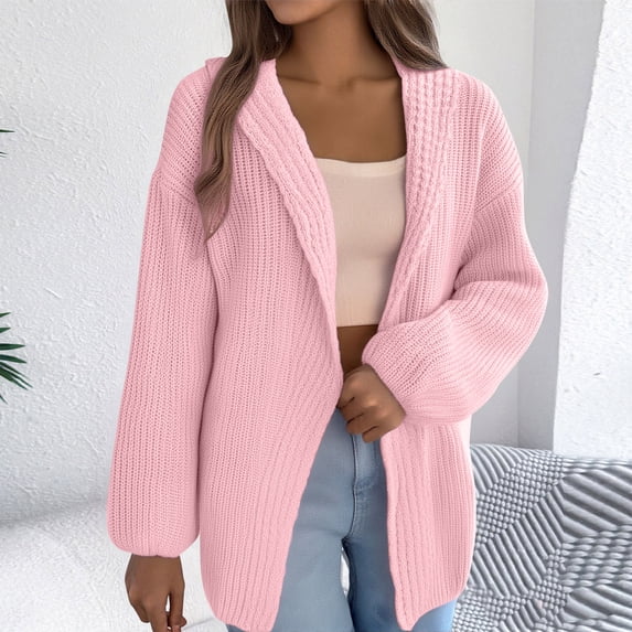 AUNVITO Women's Soft Acrylic V-Neck Long Sleeve Cardigan Mid-Length Solid Color Sweater Open Front Lightweight Warm Loungewear