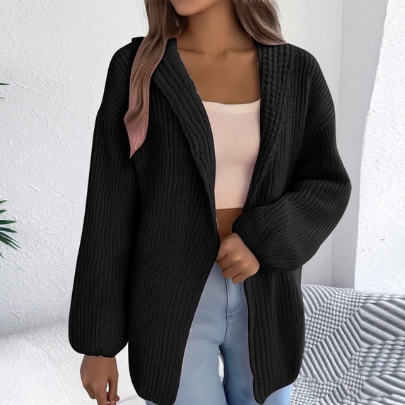 AUNVITO Women's Soft Acrylic V-Neck Long Sleeve Cardigan Mid-Length Solid Color Sweater Open Front Lightweight Warm Loungewear
