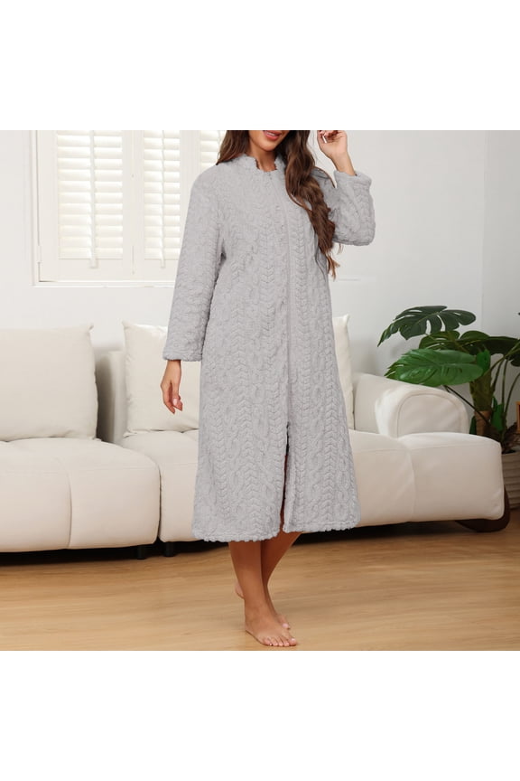 Women's Soft Solid Color Long Sleeve Bathrobe with Zipper Front Cozy Home Loungewear