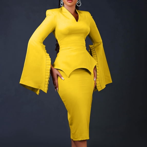 AUNVITO Women's Solid Color Bodycon Dress Long Sleeve Turn-Down Collar Professional and Chic