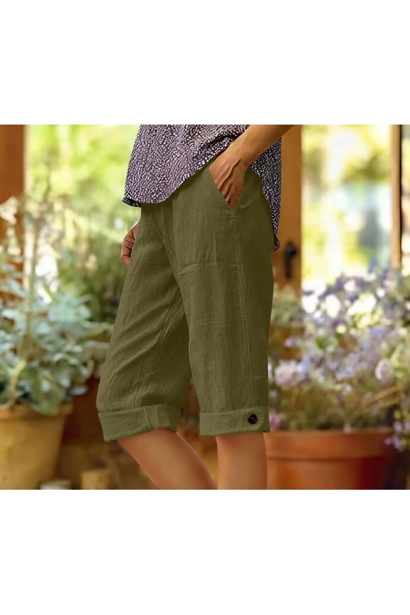 Women's Solid Color Button Front Cuffed Hem Casual Pants Lightweight and Breathable