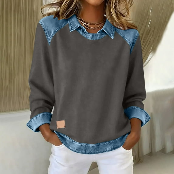 AUNVITO Women's Solid Color Casual Long Sleeve Notched Collar Denim Patchwork Pullover Sweatshirt Sporty and Comfortable Style