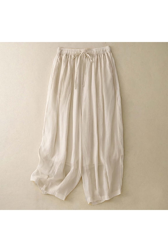 Women's Solid Color Casual Loose Fit Double-Layer Cropped Wide Leg Pants - Slimming Design with Elastic Waistband