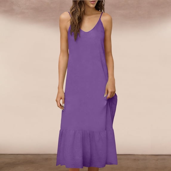 AUNVITO Women's Solid Color Cotton Sleeveless Spaghetti Strap Maxi Dress with Round Neck for Casual Bohemian Summer Style