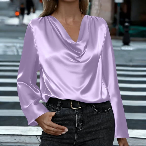 AUNVITO Women's Solid Color Cowl Neck Long Sleeve Top Casual Elegant Pullover