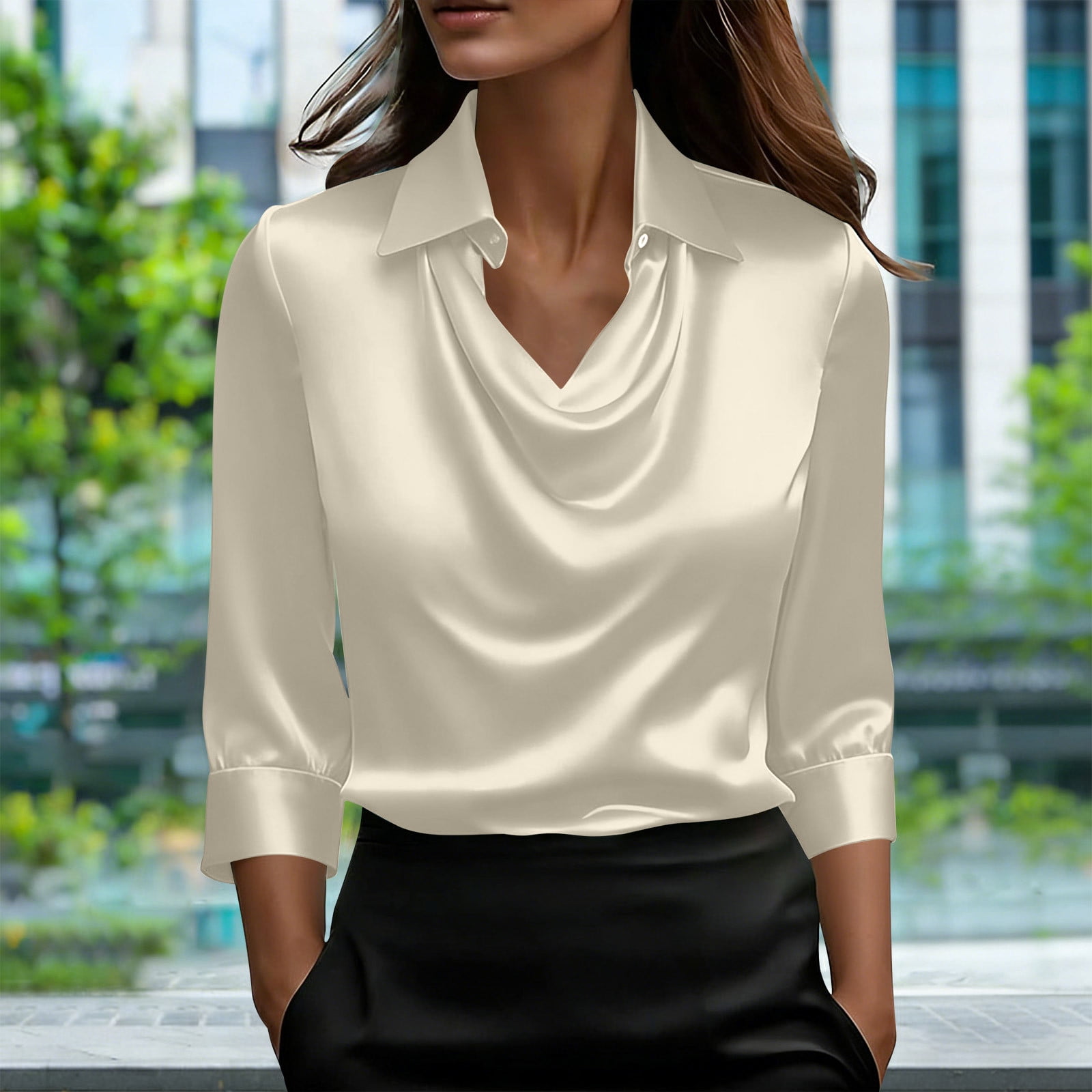 AUNVITO Women's Solid Color Dangling Collar Three Quarter Sleeve Blouse ...