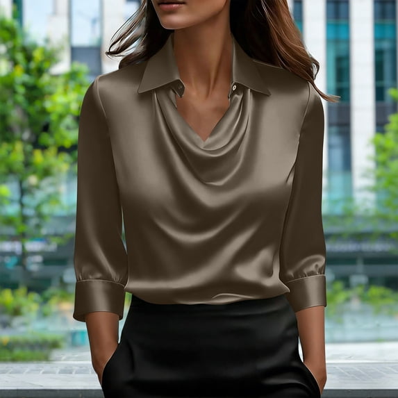 AUNVITO Women's Solid Color Dangling Collar Three Quarter Sleeve Blouse Minimalist and Elegant Style