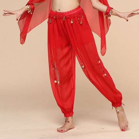 AUNVITO Women's Solid Color Elastic Waist Indian Dance Pants Casual and Stylish for Belly Dance Performance