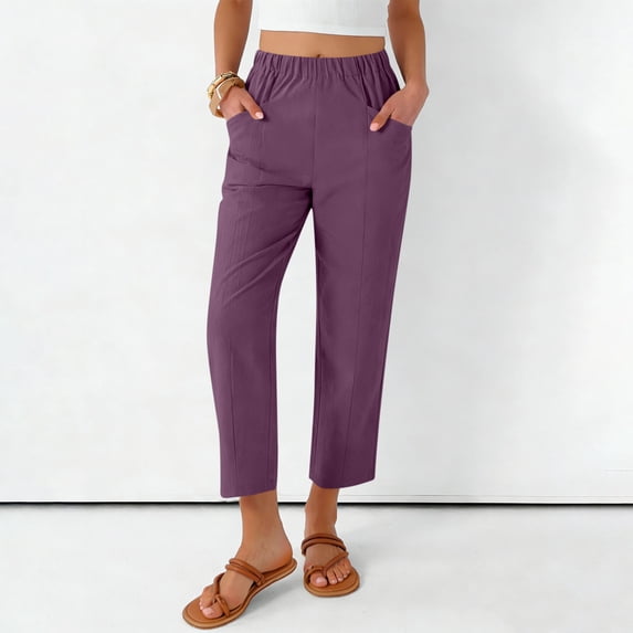 AUNVITO Women's Solid Color Elastic Waist Pocket Ankle Pants Casual Comfortable Fit for Everyday Wear