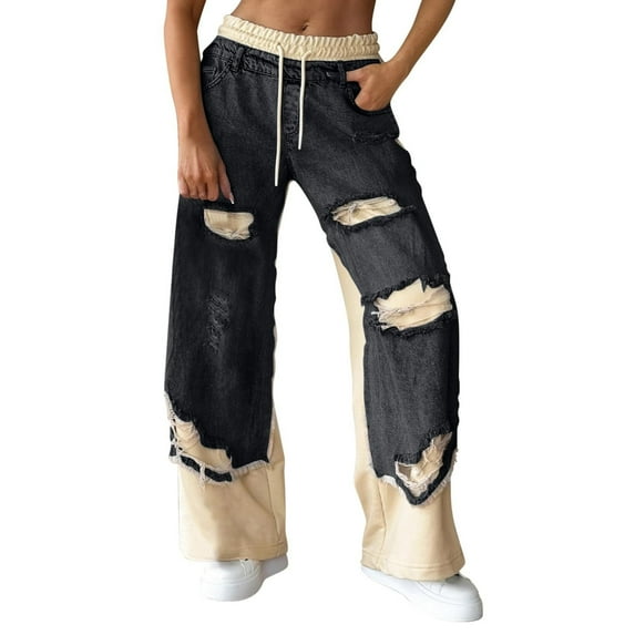 AUNVITO Women's Solid Color Elastic Waistband Denim Patchwork Jogger Pants with Pockets Loose Fit Casual Lounge Wear