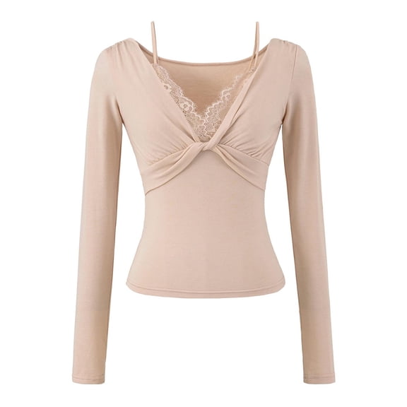AUNVITO Women's Solid Color Long Sleeve V-Neck Shirt Lace Trimmed Base Layer Casual and Elegant
