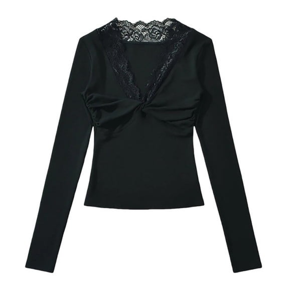 AUNVITO Women's Solid Color Long Sleeve V-Neck Shirt Lace Trimmed Base Layer Casual and Elegant