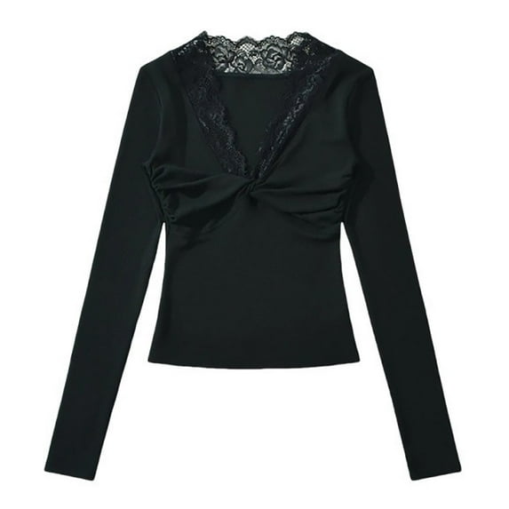 AUNVITO Women's Solid Color Long Sleeve V-Neck Shirt Lace Trimmed Base Layer Casual and Elegant