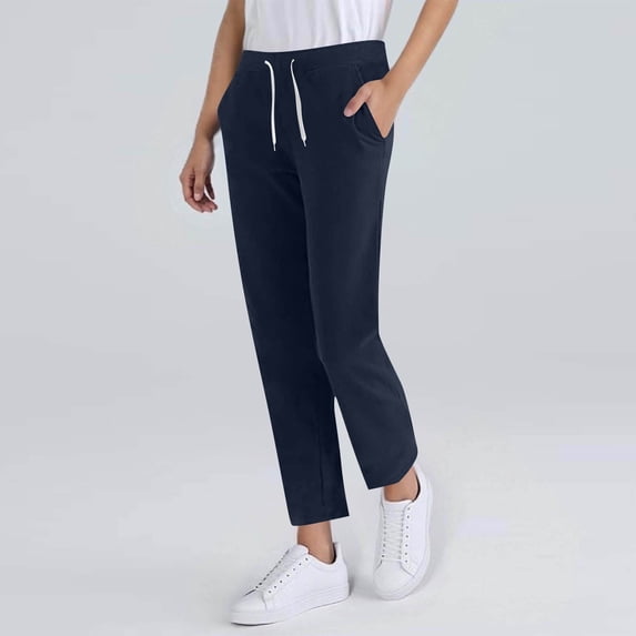 AUNVITO Women's Solid Color Pants Drawstring Waist with Pockets Casual and Comfortable