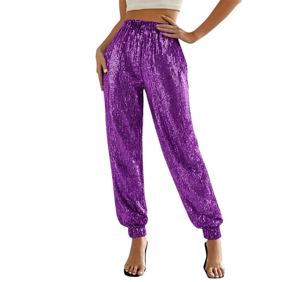 AUNVITO Women's Solid Color Pants with Sparkling Sequins Elastic Waistband Cuffed Ankles Casual and Stylish