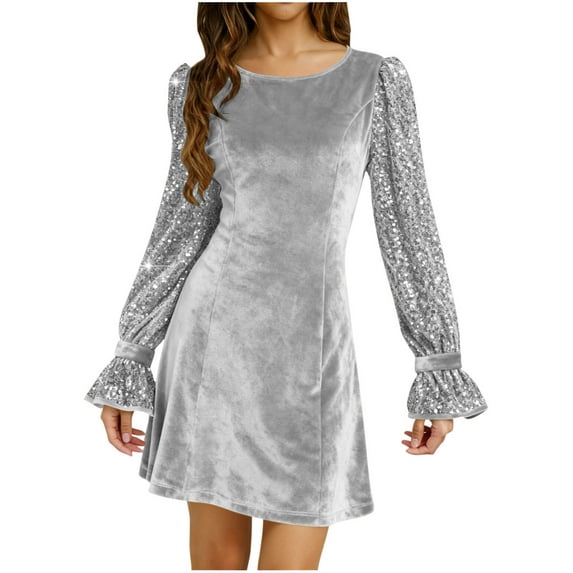 AUNVITO Women's Solid Color Sequins Round Neck Long Sleeve Dress Fashion and Elegant Style