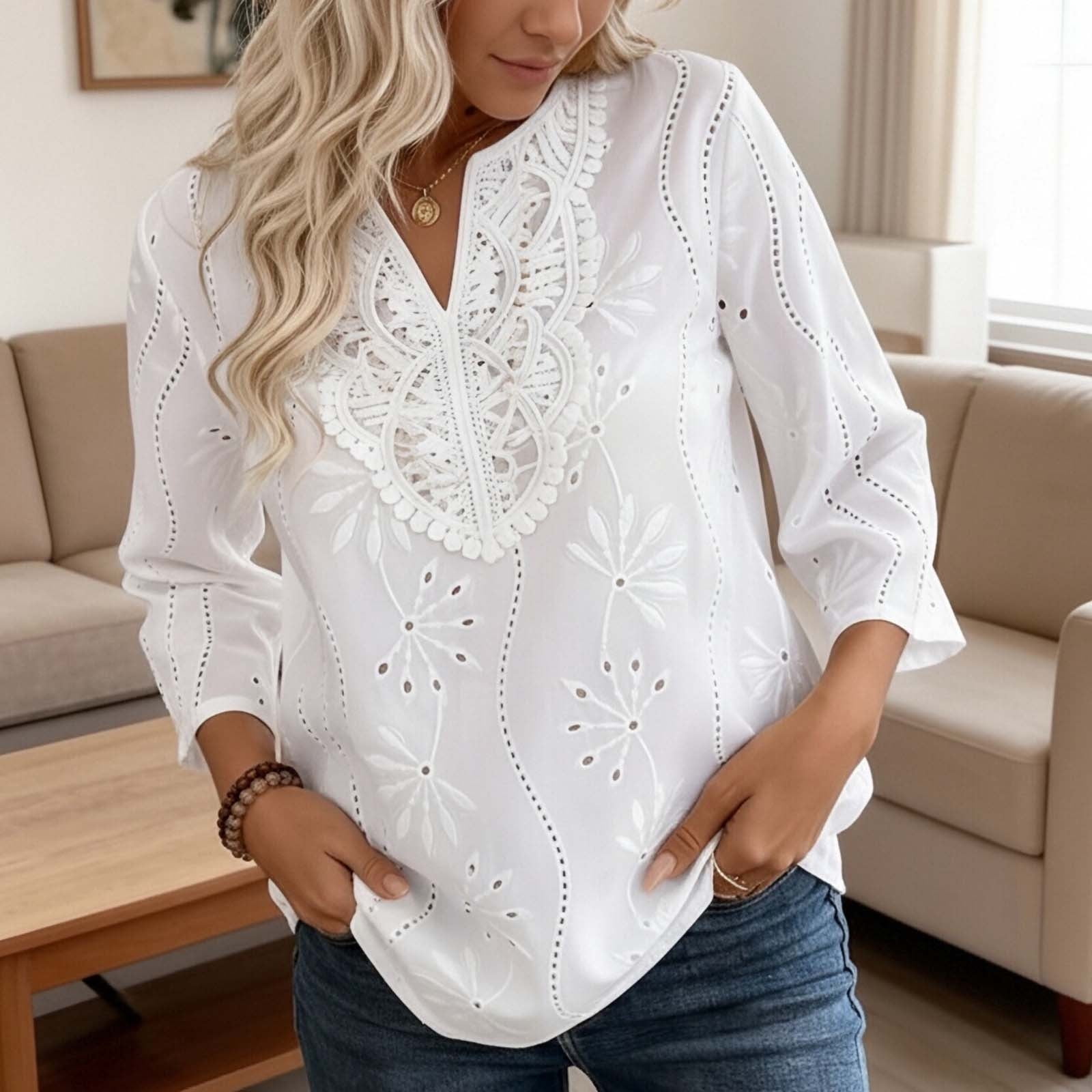 AUNVITO Women's Solid Color Three-Quarter Sleeve V-Neck Blouse with ...