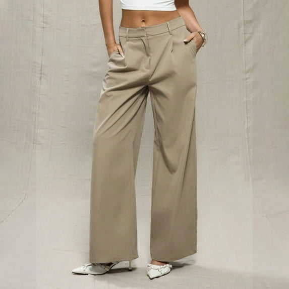 AUNVITO Women's Solid Color Twill Pants with Pockets, 100% Polyester High Waist Loose Fit Office Trousers for Casual & Business Wear