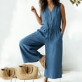 thumbnail image 1 of AUNVITO Women's Solid Color V-Neck Button Front Sleeveless Relaxed Fit Jumpsuit Casual and Comfortable, 1 of 4