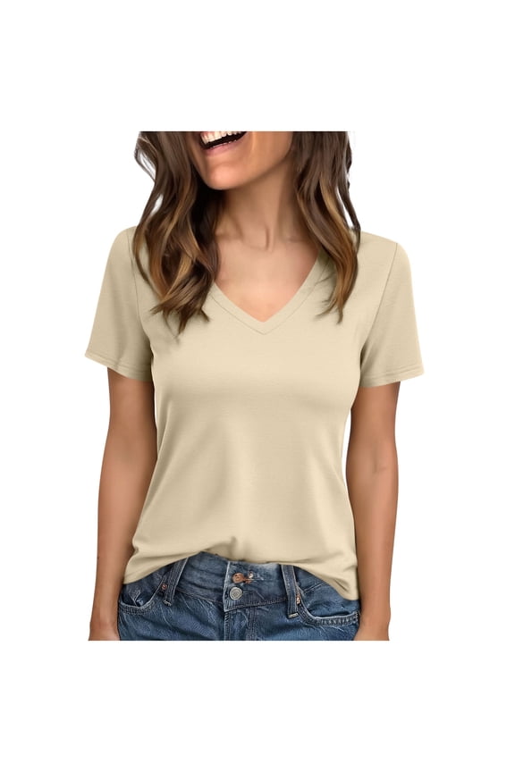 Women's Solid Color V-Neck Waist-Defining Short Sleeve Blouse for Casual Chic Style