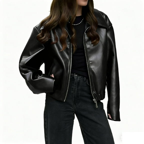 AUNVITO Women's Solid Notched Lapel Long Sleeve Leather Jacket Lightweight Polyester Outerwear Coat