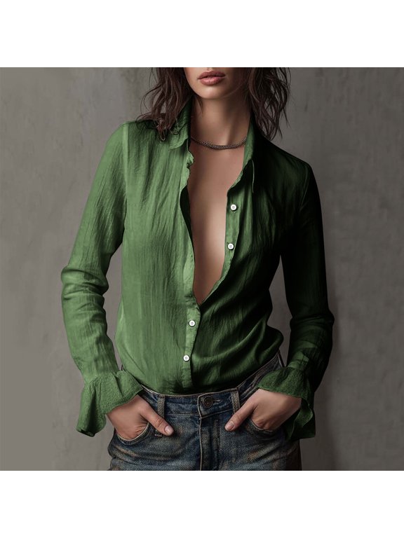 Women's Solid White Vintage Blouse Turn-Down Collar Long Sleeve Button Front Ruffle Cuff Casual Style