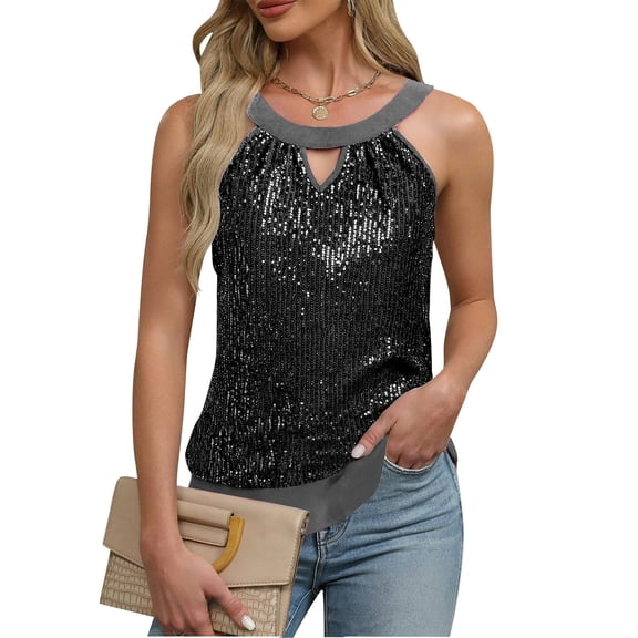 AUNVITO Women's Sparkle Round Neck Sleeveless Top Casual and Chic Style