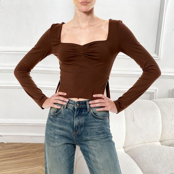 AUNVITO Women's Square Neck Pleated Long Sleeve Cropped Blouse with Side Slit Solid Color Casual and Chic-Style Style